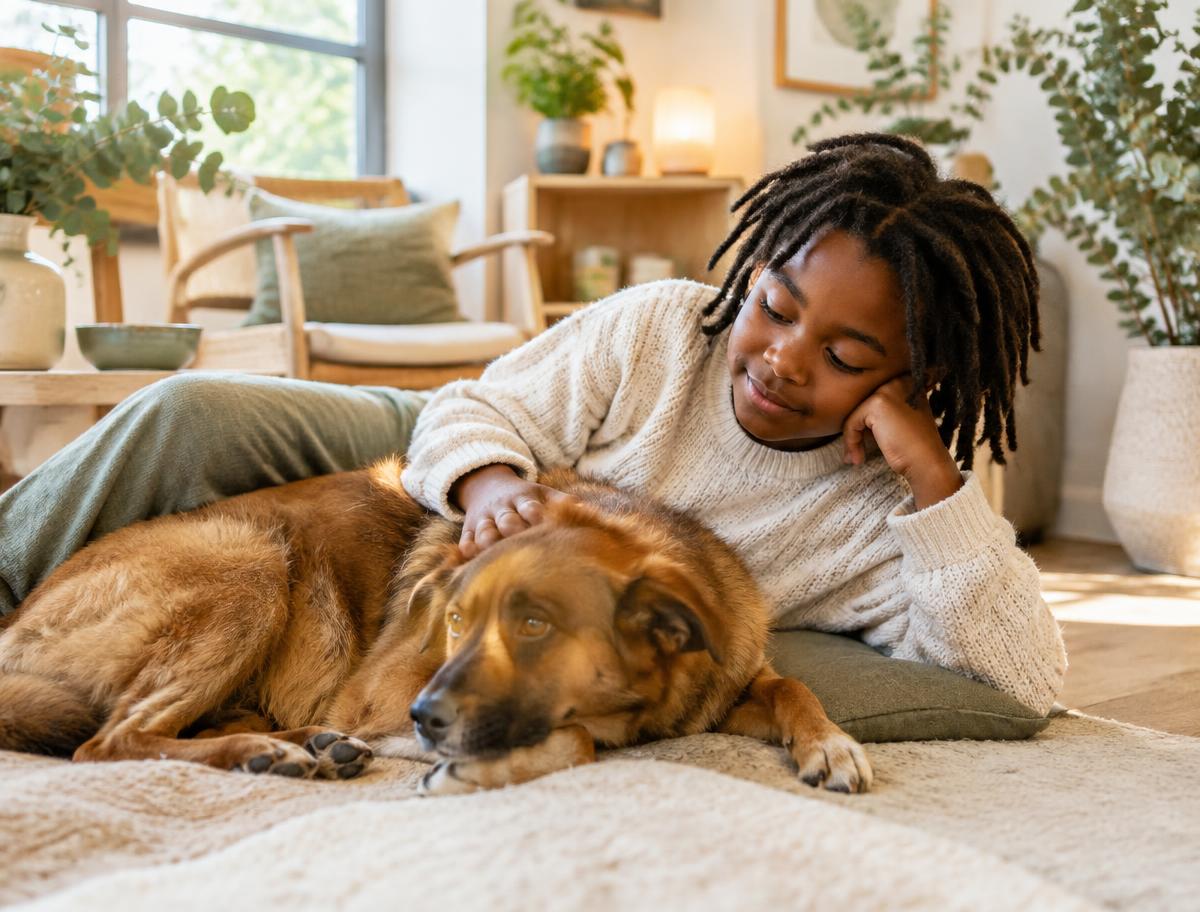 A Black child relaxing beside a calm dog